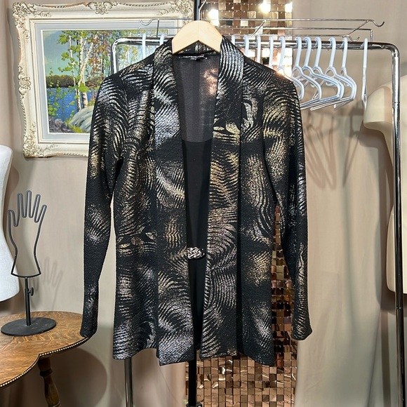 Vintage LAURA Petites Metallic Swirl Print Open Cardigan Built In Top P2P 17-18” - Picture 1 of 8